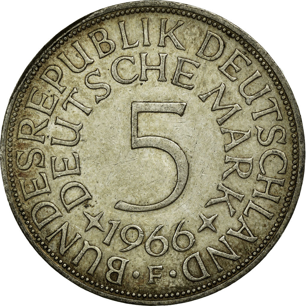 Coin, GERMANY - FEDERAL REPUBLIC, 5 Mark, 1966, Stuttgart, EF(40-45), Silver