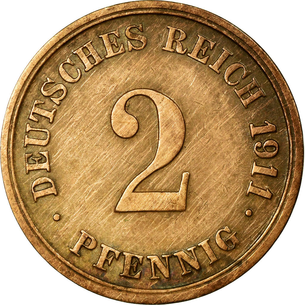 Coin, GERMANY - EMPIRE, Wilhelm II, 2 Pfennig, 1911, Karlsruhe, VF(30-35)