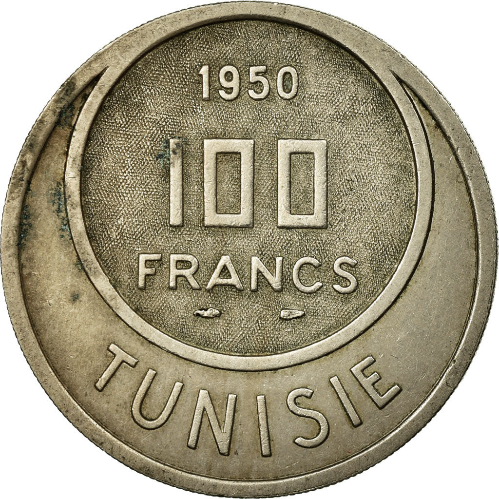 Moneda, Túnez, Muhammad al-Amin Bey, 100 Francs, 1950, Paris, MBC, Cobre -