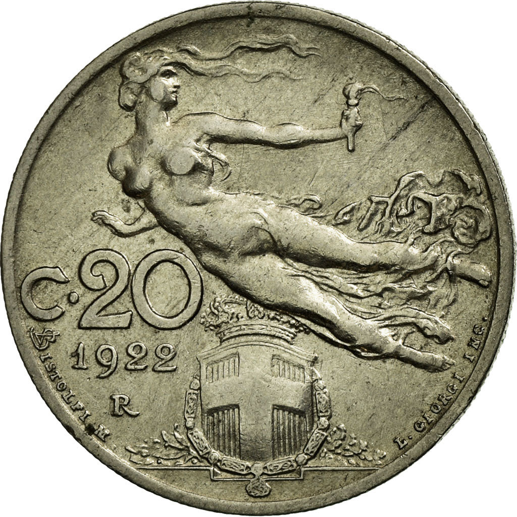 Coin, Italy, Vittorio Emanuele III, 20 Centesimi, 1922, Rome, AU(55-58), Nickel