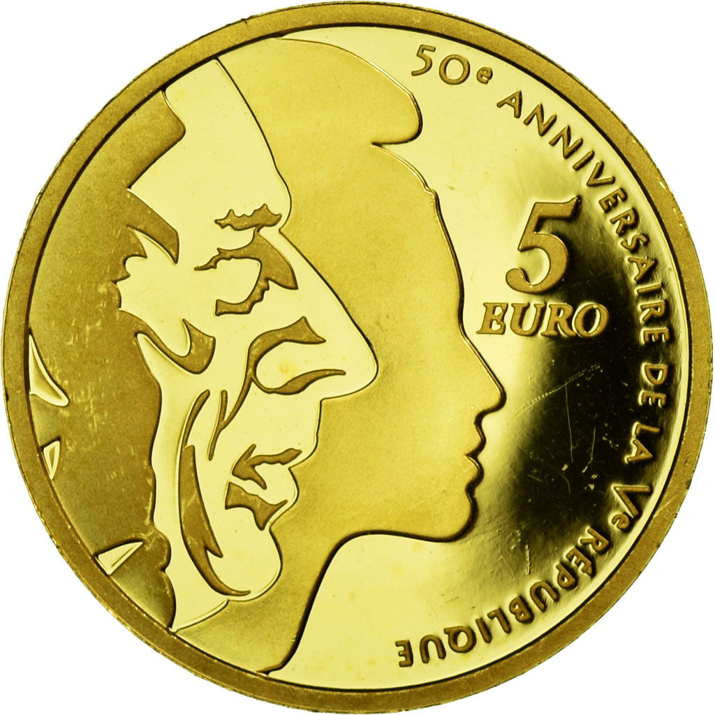 France, 5 Euro, 2008, MS(65-70), Gold, KM:1538