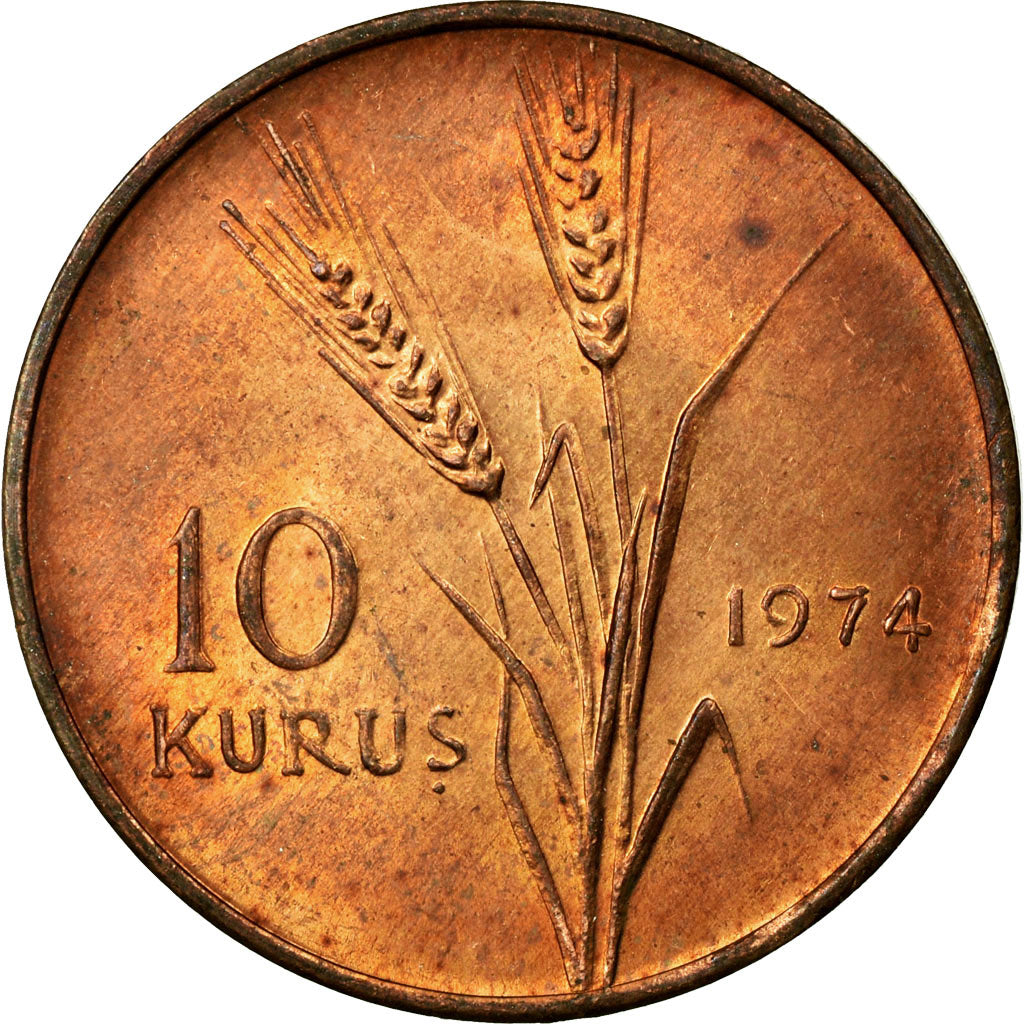 Moeda, Turquia, 10 Kurus, 1974, EF(40-45), Bronze, KM:891.3