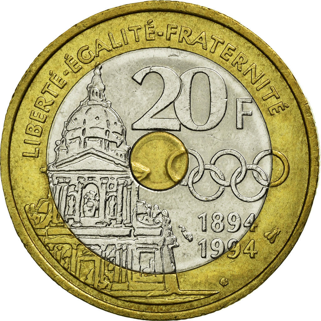 Coin, France, Pierre de Coubertin, 20 Francs, 1994, Paris, AU(55-58)