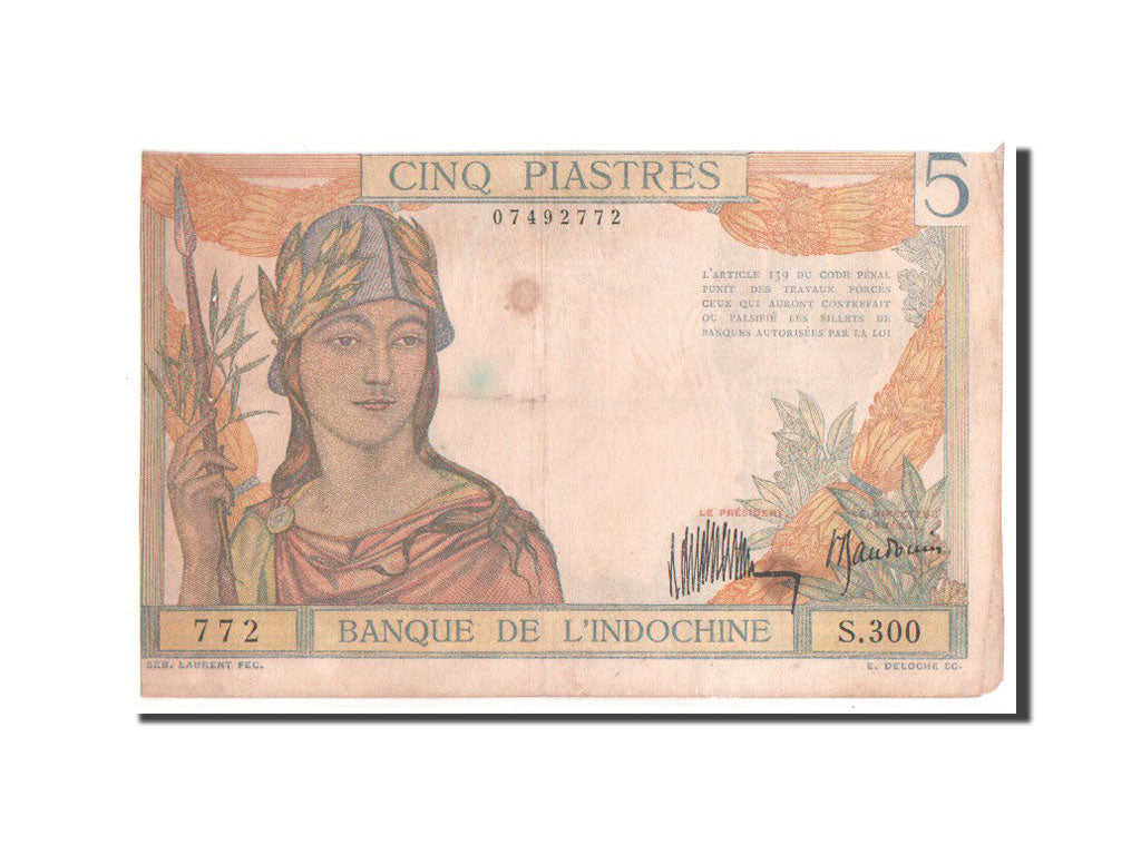 French Indo-China, 5 Piastres, 1932, KM #55a, VF(30-35), S.300