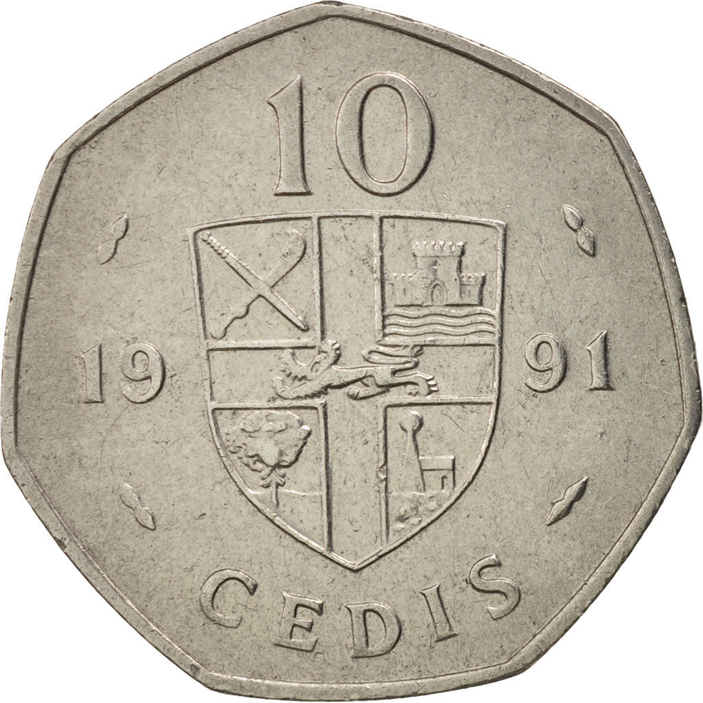 Ghana, 10 Cedis, 1991, AU(50-53), Nickel Clad Steel, KM:29
