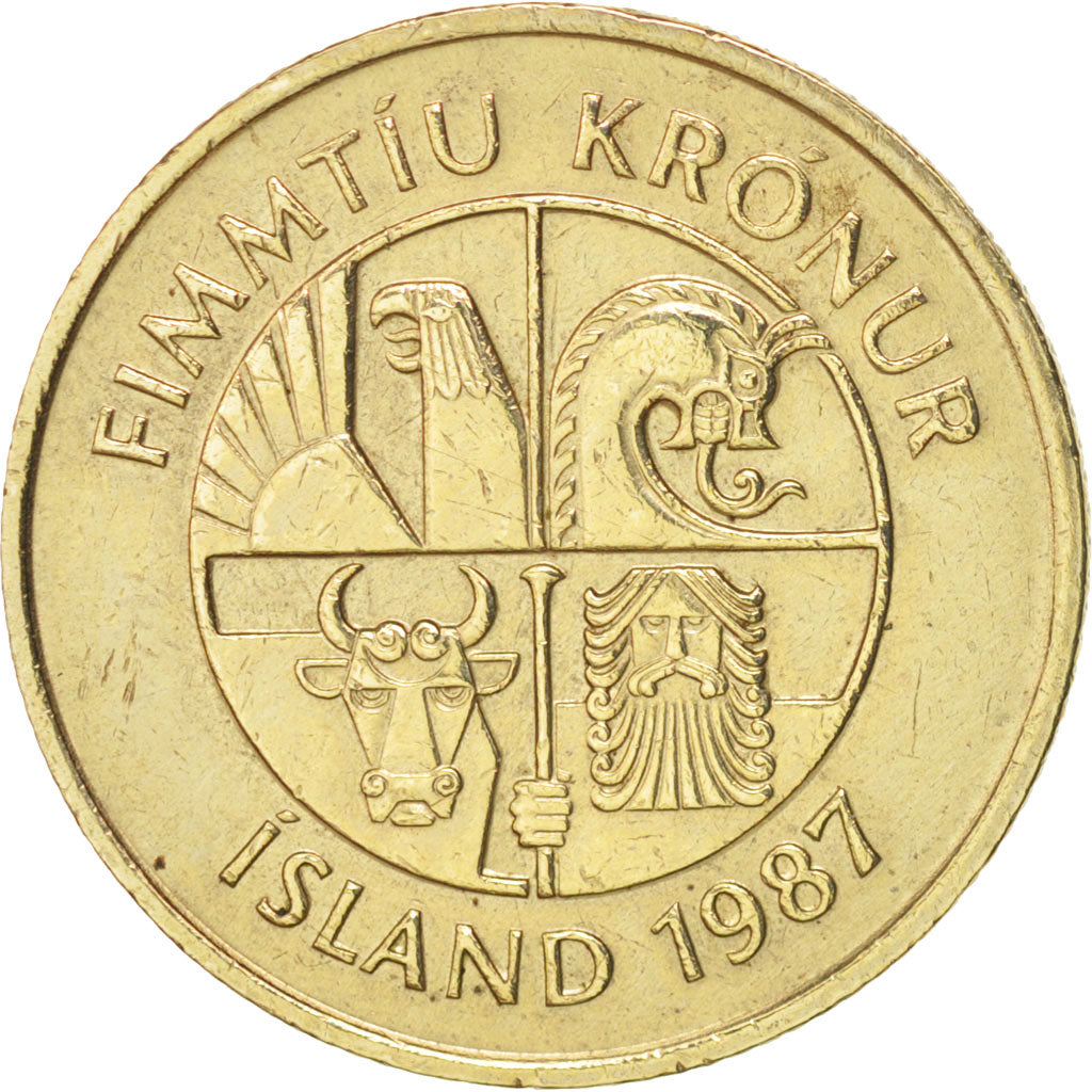 Coin, Iceland, 50 Kronur, 1987, AU(50-53), Nickel-brass, KM:31