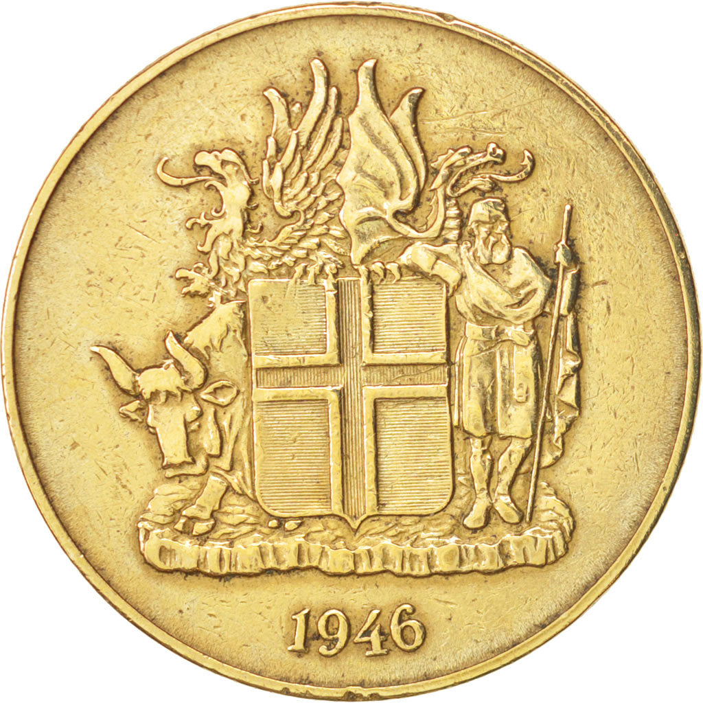 Iceland, 2 Kronur, 1946, AU(50-53), Aluminum-Bronze, KM:13