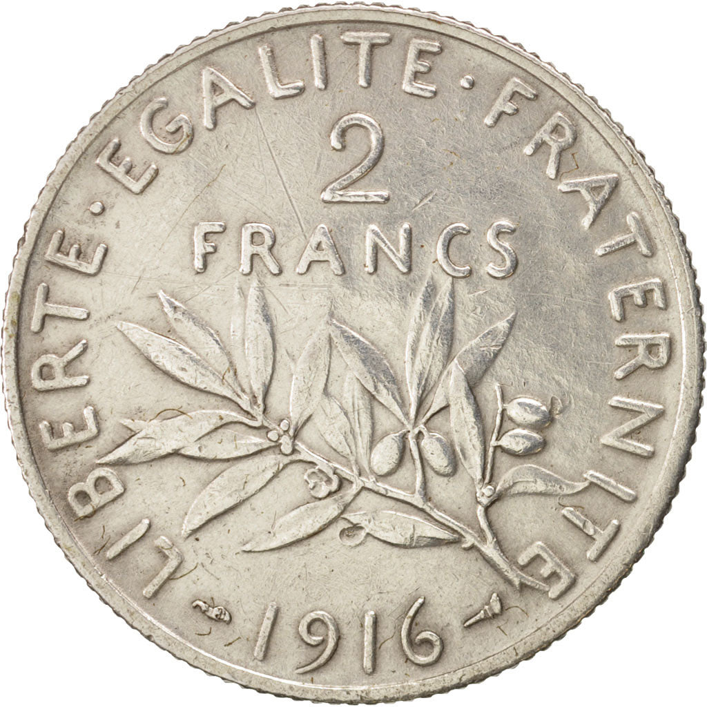 France, Semeuse, 2 Francs, 1916, Paris, AU(50-53), Silver, KM:845.1, Gad:532