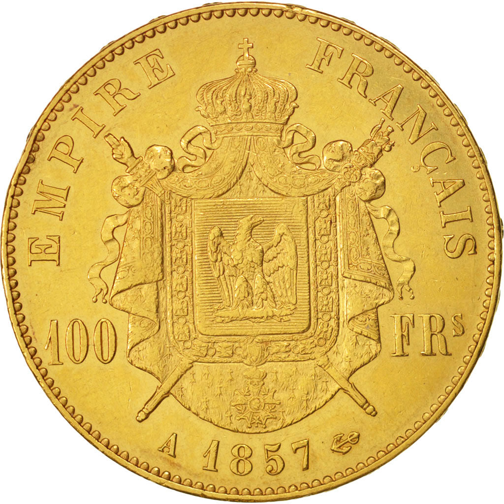 France, Napoleon III,100 Francs, 1857, Paris, AU(50-53), Gold, KM 786.1