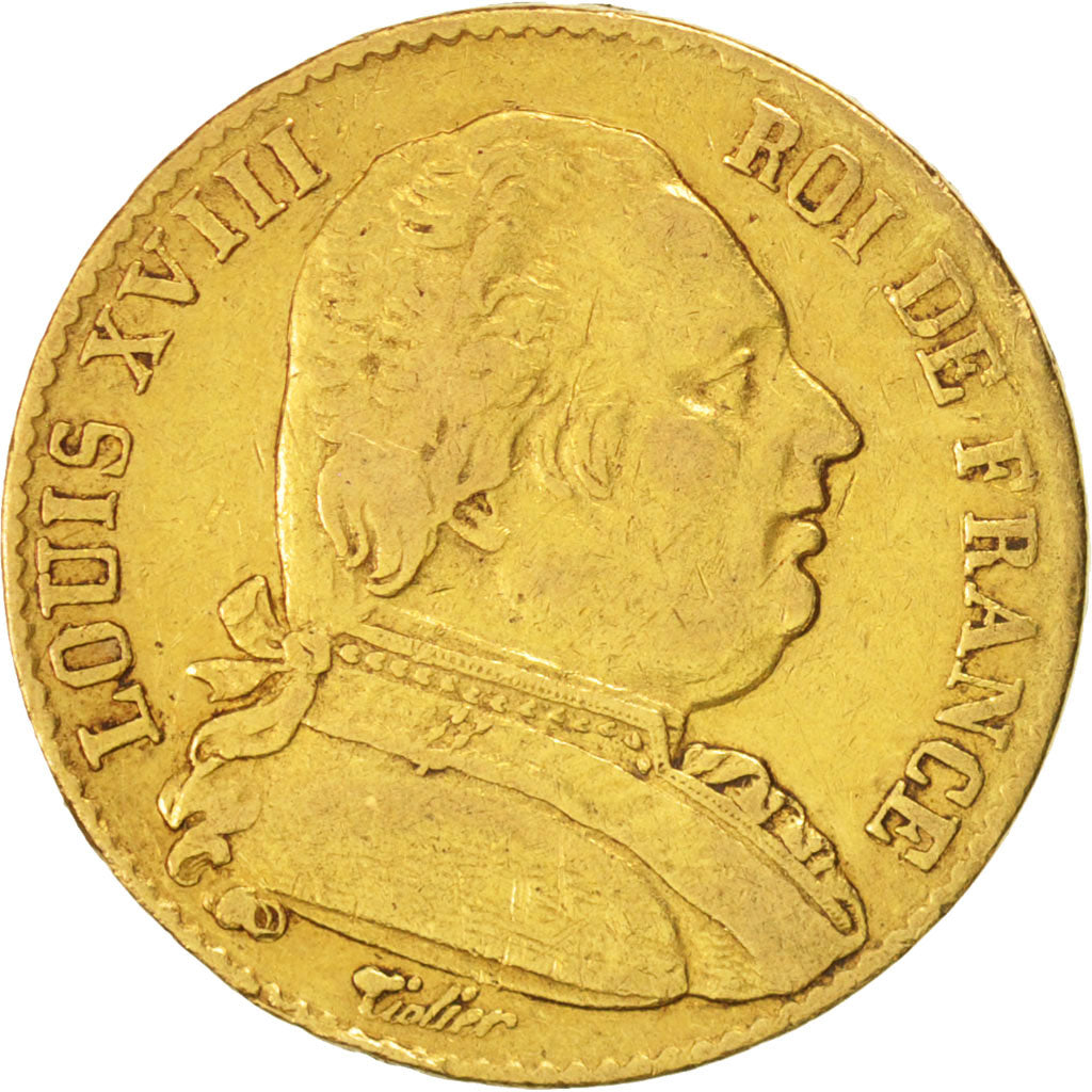France, Louis XVIII,  20 Francs, 1814, Paris, EF(40-45), Gold, KM 706.1