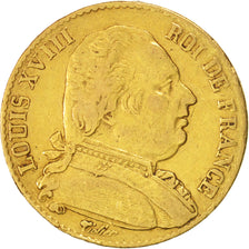 France, Louis XVIII,  20 Francs, 1814, Paris, EF(40-45), Gold, KM 706.1