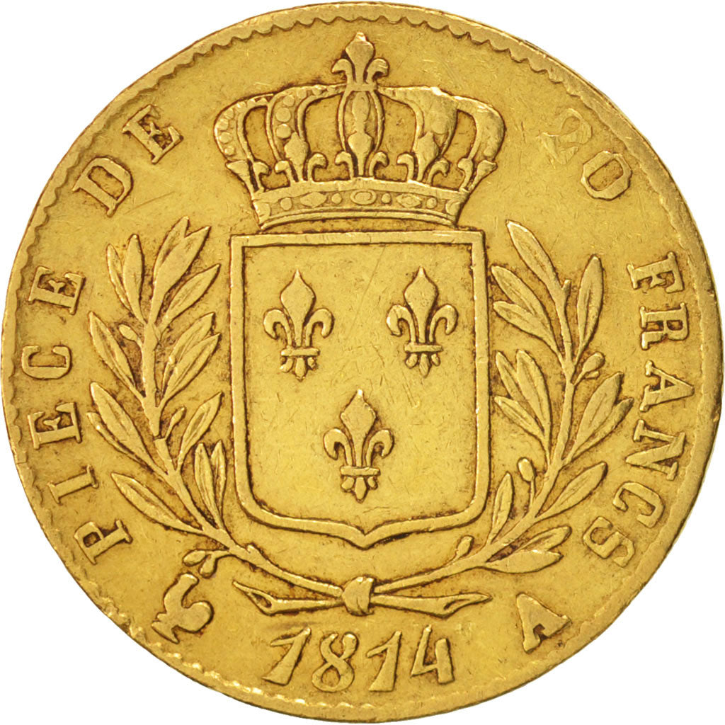 France, Louis XVIII,  20 Francs, 1814, Paris, EF(40-45), Gold, KM 706.1