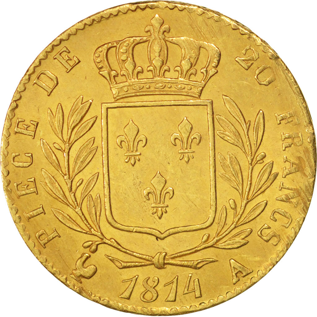 Moneda, Francia, Louis XVIII, Louis XVIII, 20 Francs, 1814, Paris, MBC+, Oro