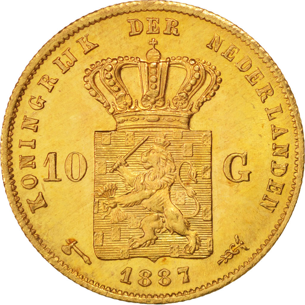 Coin, Netherlands, William III, 10 Gulden, 1887, AU(55-58), Gold, KM:106