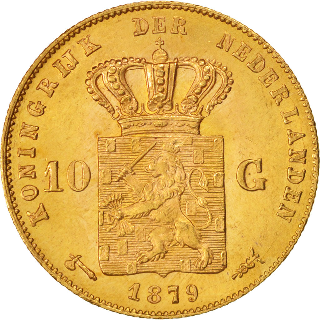 Coin, Netherlands, William III, 10 Gulden, 1879, AU(55-58), Gold, KM:106