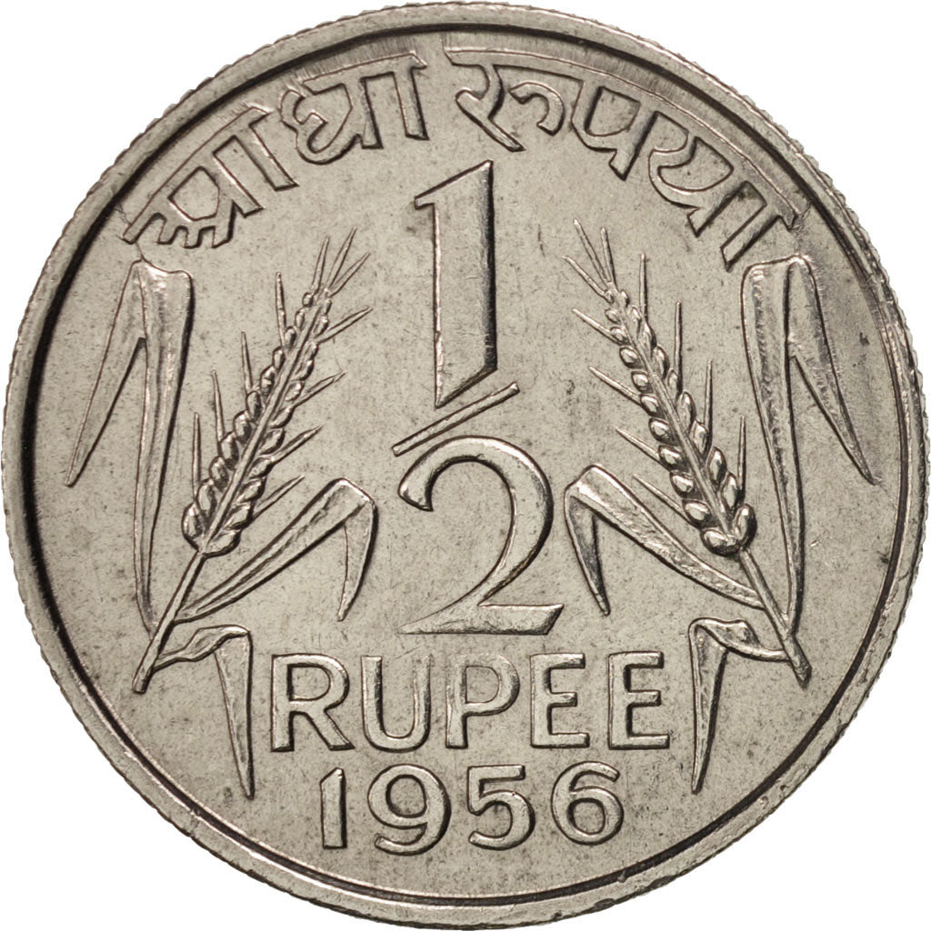 INDIA-REPUBLIC, 1/2 Rupee, 1956, Calcutta, AU(50-53), Nickel, KM:6.3