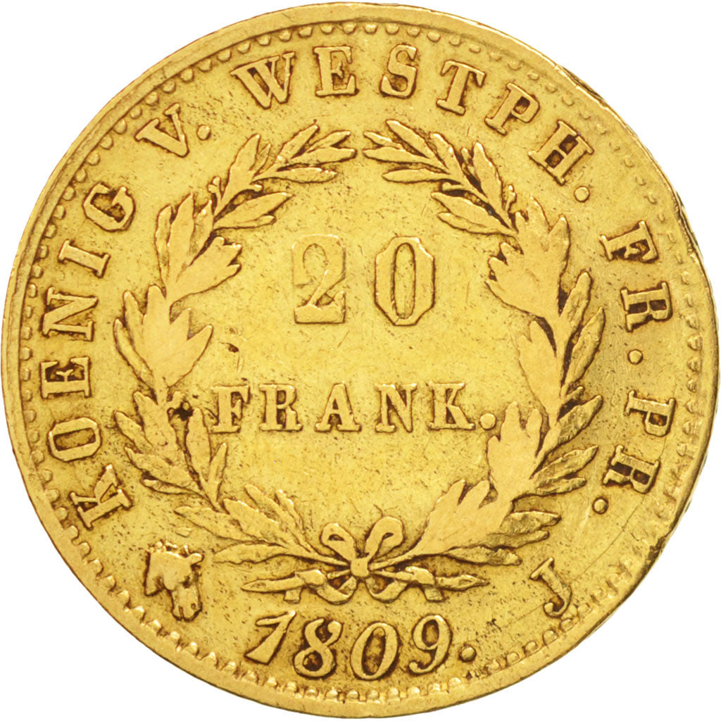 German States,WESTPHALIA,Jerome,20 Franken,1809,Cassel,EF(40-45),KM 102