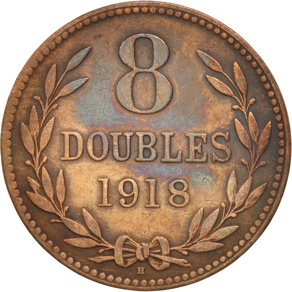 Guernsey, 8 Doubles, 1918, Heaton, Birmingham, AU(50-53), Bronze, KM:14