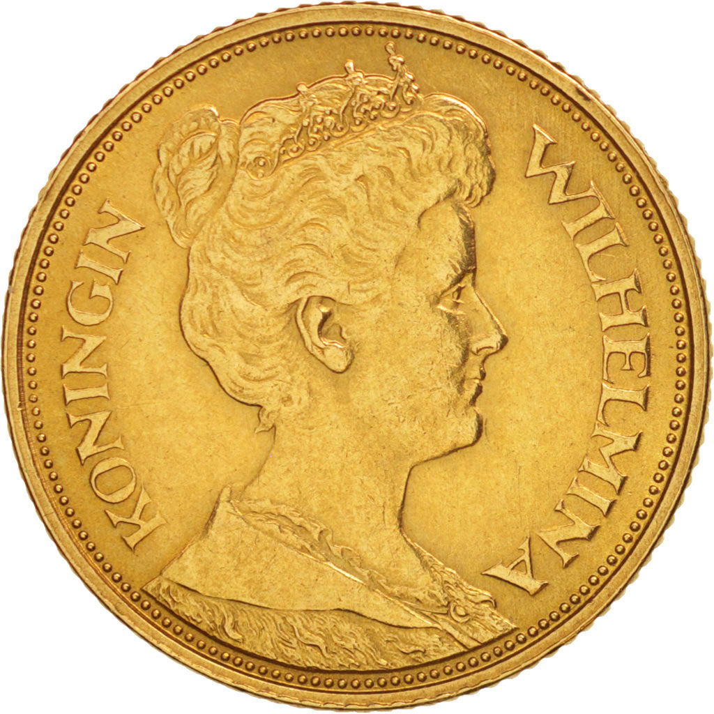 Netherlands, Wilhelmina I, 5 Gulden, 1912, AU(55-58), Gold, KM:151