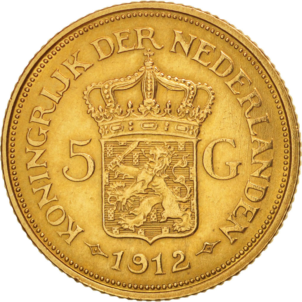 Netherlands, Wilhelmina I, 5 Gulden, 1912, AU(55-58), Gold, KM:151