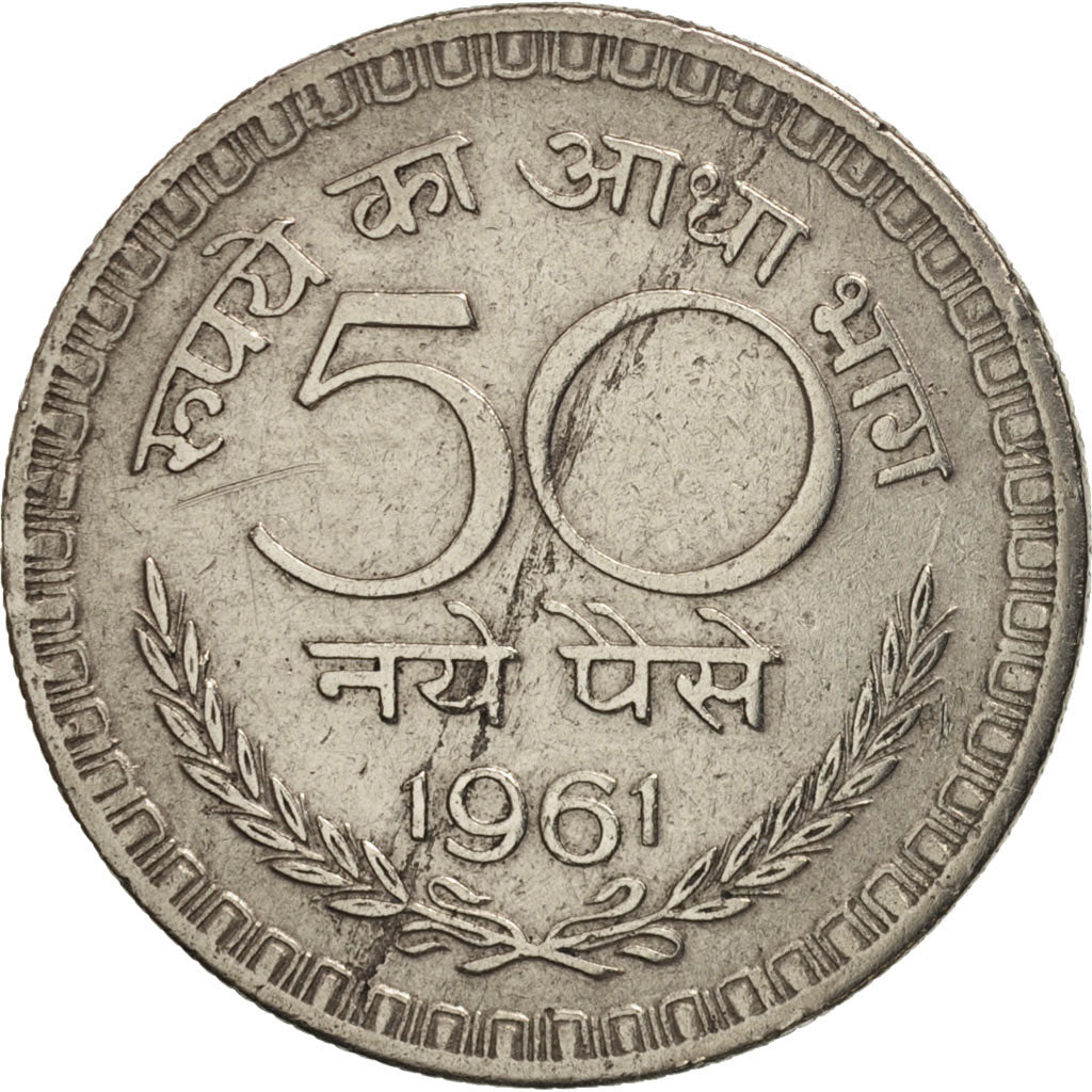 INDIA-REPUBLIC, 50 Naye Paise, 1961, Calcutta, EF(40-45), Nickel, KM:55