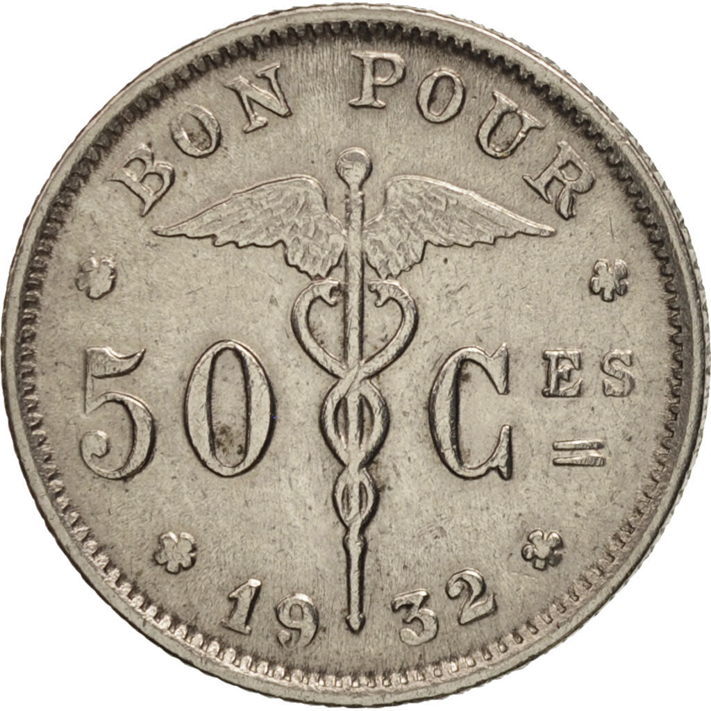 Belgium, 50 Centimes, 1932, AU(55-58), Nickel, KM:87