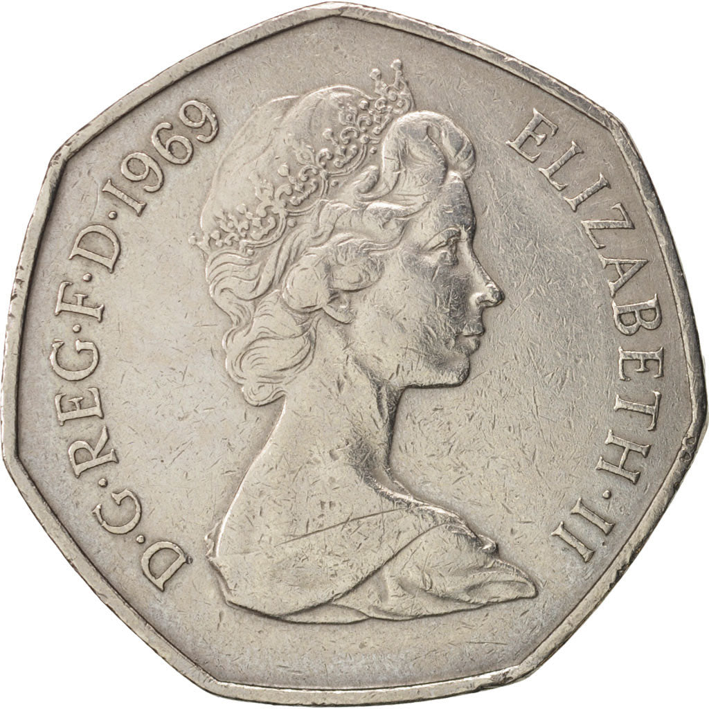 Great Britain,Elizabeth II,50 New Pence,1969, AU(50-53),Copper-nickel,KM 913