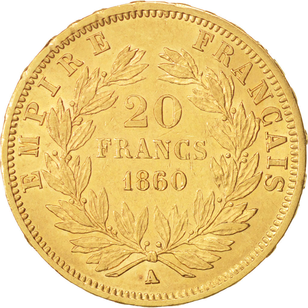 Moneda, Francia, Napoleon III, Napoléon III, 20 Francs, 1860, Paris, MBC+, Oro