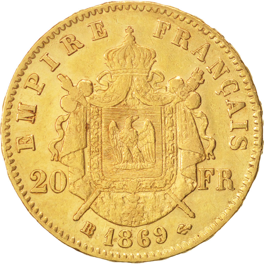France, Napoleon III, 20 Francs, 1869, Strasbourg, AU(50-53), Gold, KM 801.2