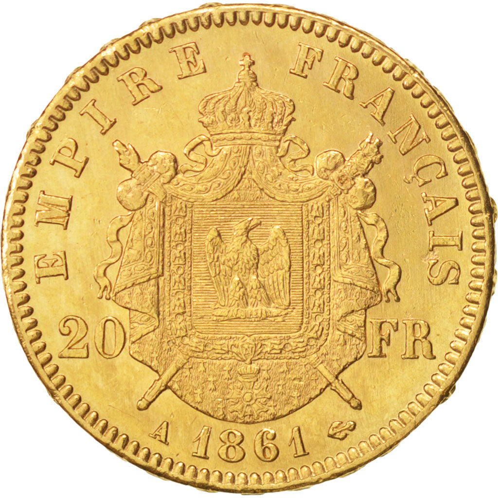 France, Napoleon III, 20 Francs, 1861, Paris, AU(55-58), Gold, KM 801.1