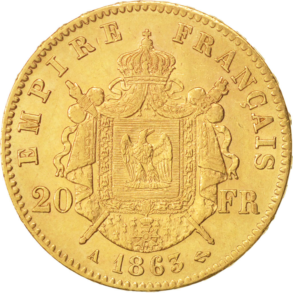 France, Napoleon III, 20 Francs, 1863, Paris, AU(55-58), Gold, KM 801.1