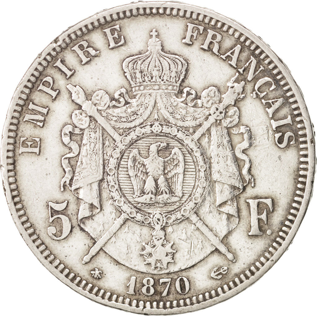 France, Napoleon III,5 Francs, 1870, Paris, EF(40-45), Silver, KM 799.1