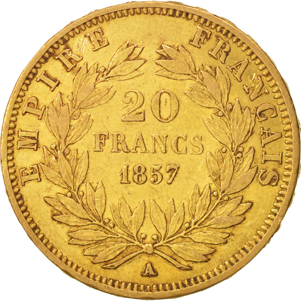 France, Napoleon III, 20 Francs, 1857, Paris, AU(50-53), Gold, KM 781.1