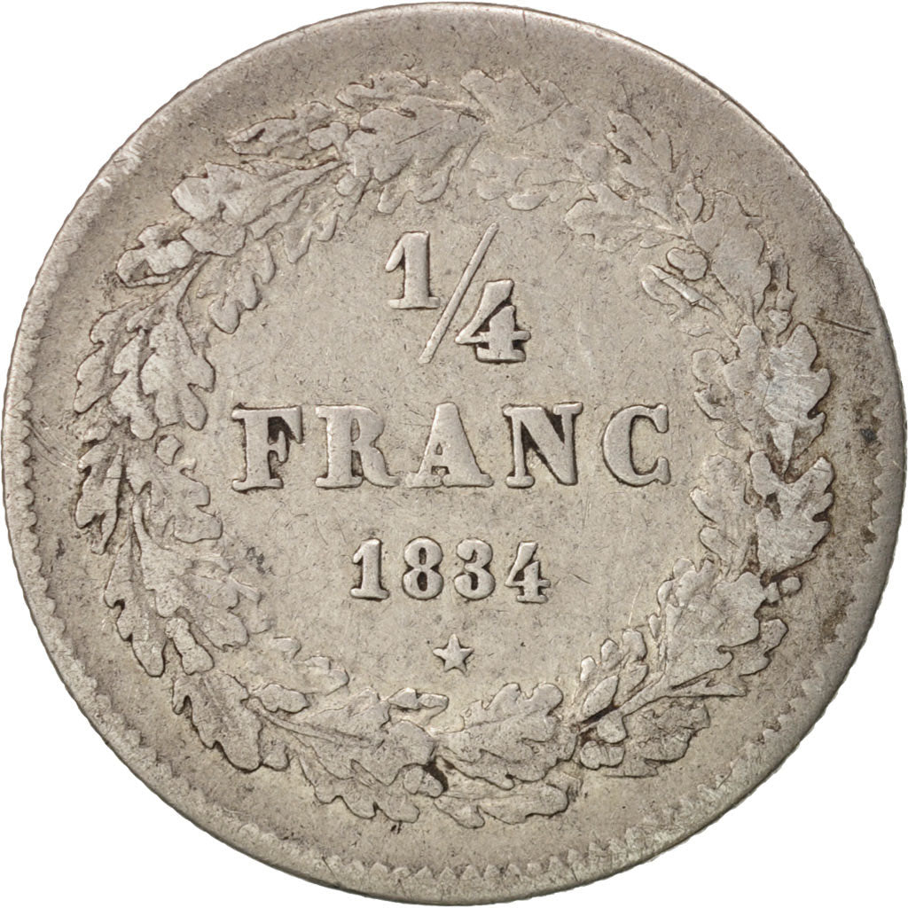 Moneta, Belgia, Leopold I, 1/4 Franc, 1834, VF(30-35), Srebro, KM:8