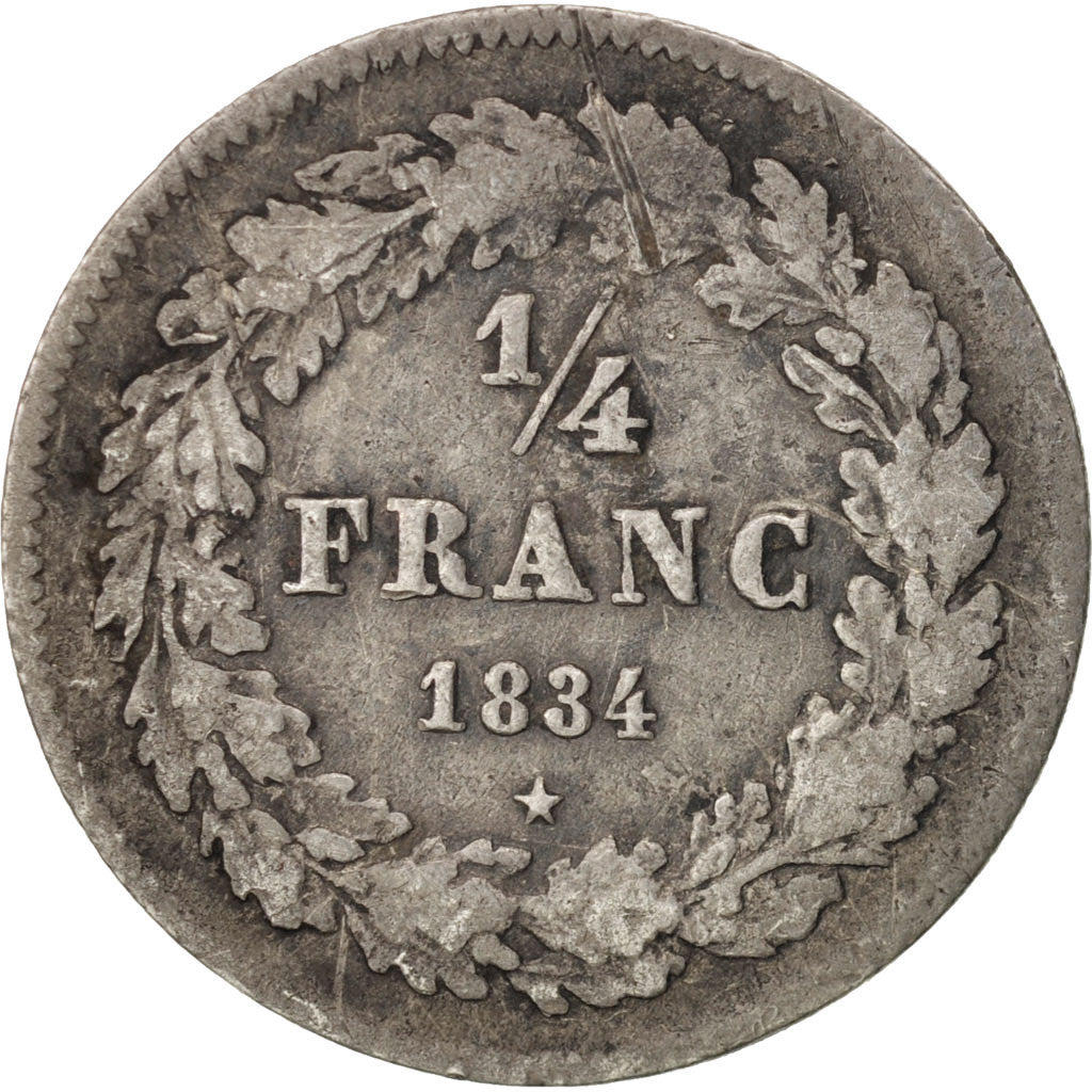 Moneta, Belgia, Leopold I, 1/4 Franc, 1834, VF(30-35), Srebro, KM:8