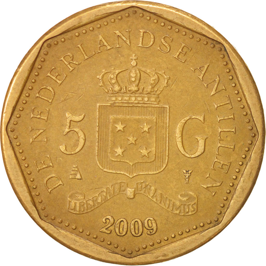 Coin, Netherlands Antilles, Beatrix, 5 Gulden, 2009, EF(40-45), Aureate Bonded