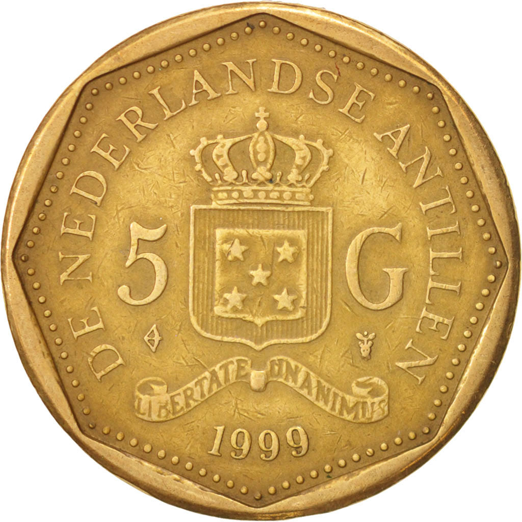 Moneta, Antille olandesi, Beatrix, 5 Gulden, 1999, BB, Acciaio legato dorato