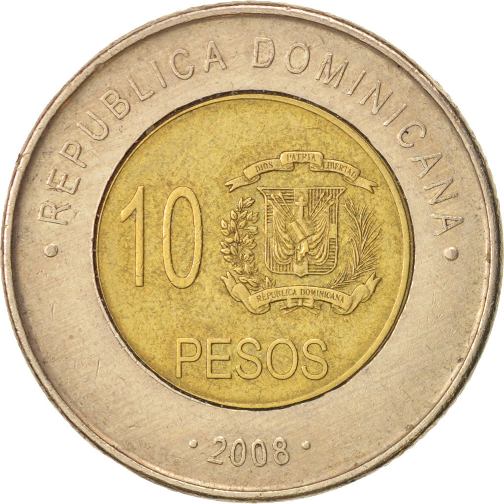 Coin, Dominican Republic, 10 Pesos, 2008, AU(50-53), Bi-Metallic, KM:106