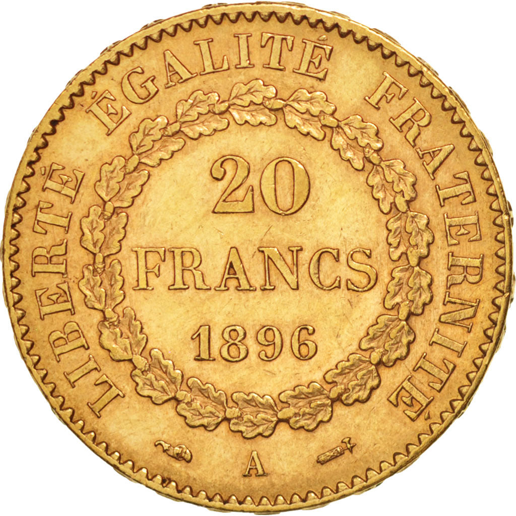 France, Génie, 20 Francs, 1896, Paris, AU(50-53), Gold, KM:825