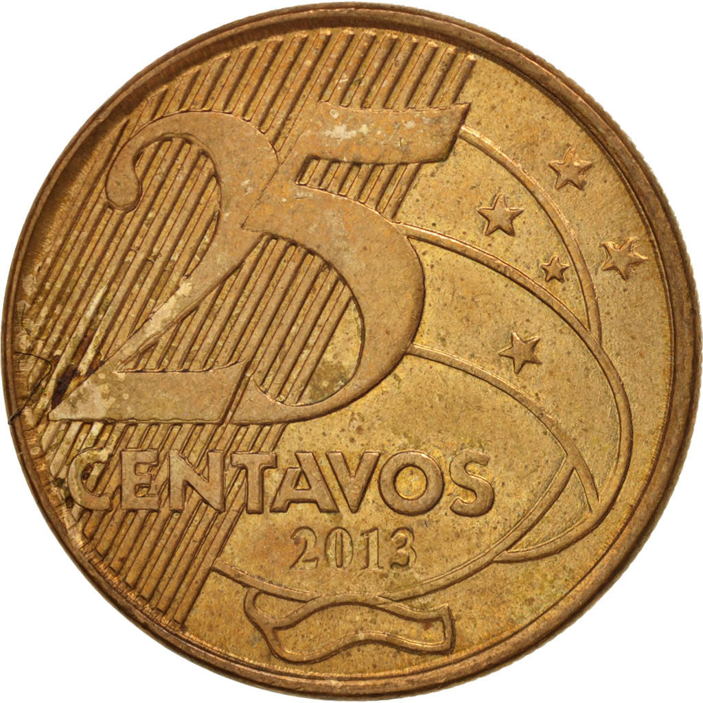 Coin, Brazil, 25 Centavos, 2013, AU(50-53), Bronze Plated Steel, KM:650