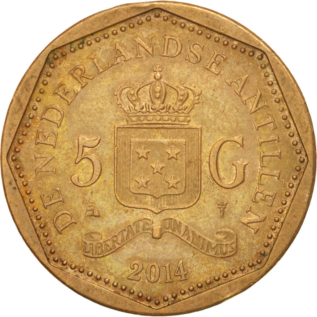 Netherlands Antilles, 5 Gulden, 2014, AU(50-53), Aureate Steel