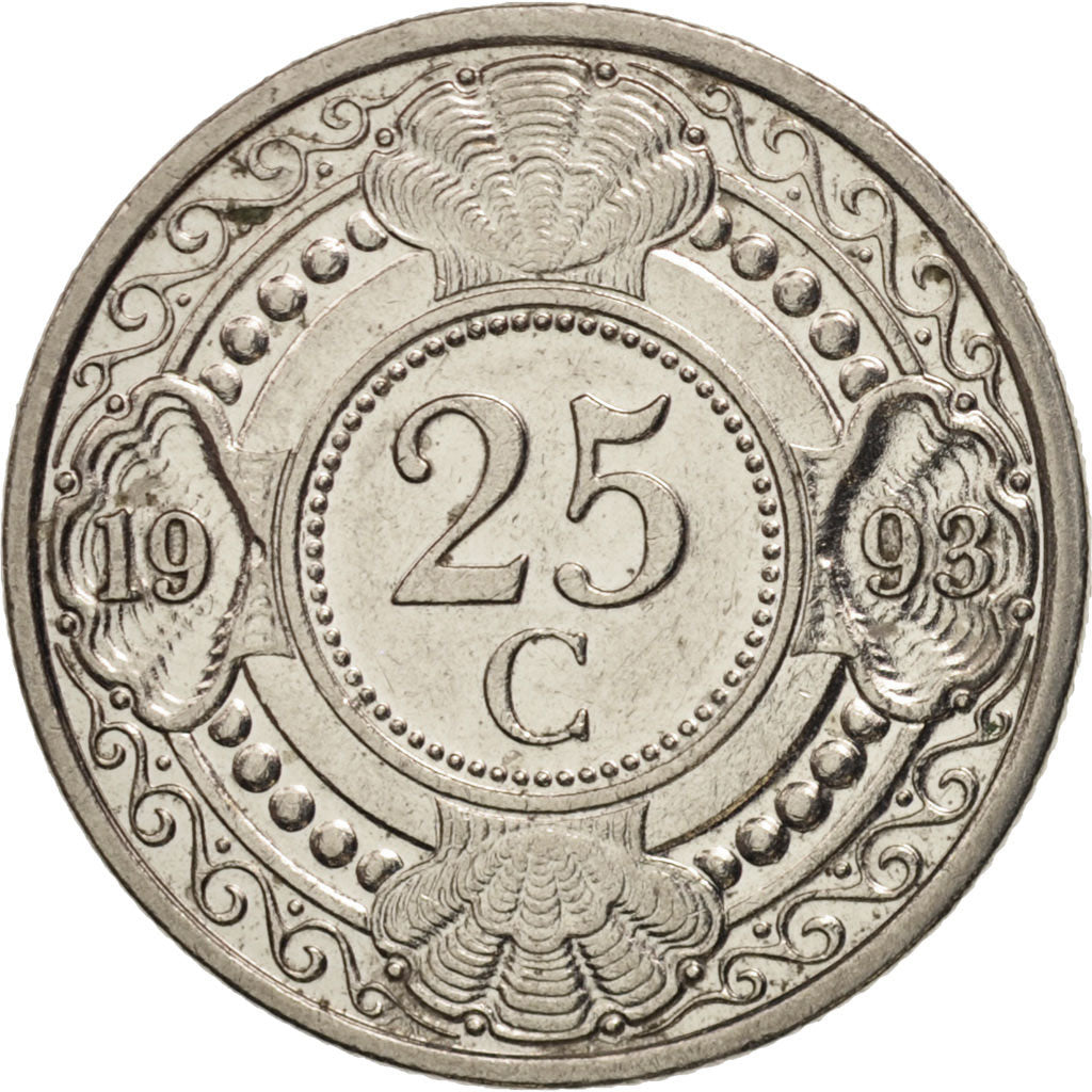 Netherlands Antilles, Beatrix, 25 Cents, 1993, AU(55-58), Nickel, KM 35
