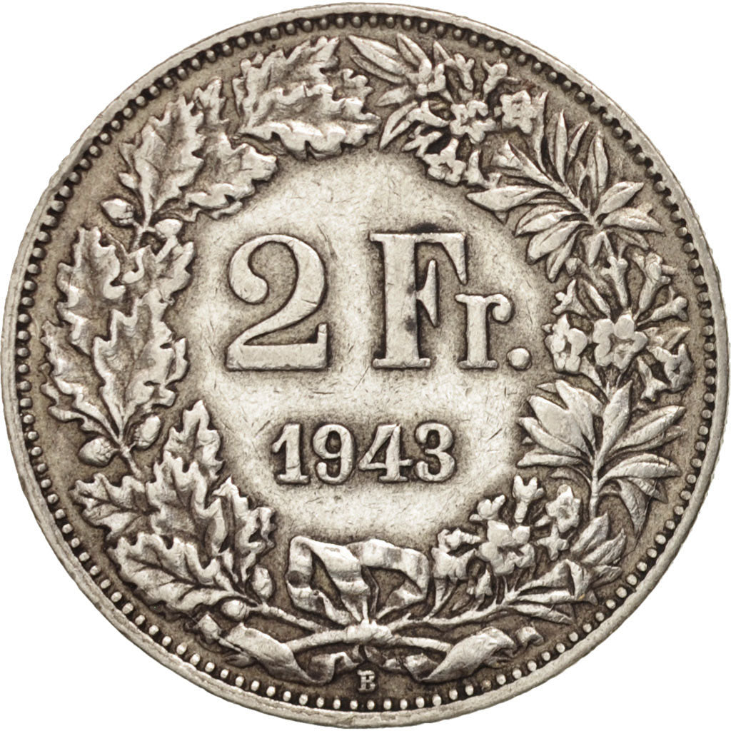 Coin, Switzerland, 2 Francs, 1943, Bern, EF(40-45), Silver, KM:21