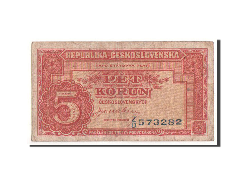 Banknot, Czechosłowacja, 5 Korun, 1945, VF(20-25)