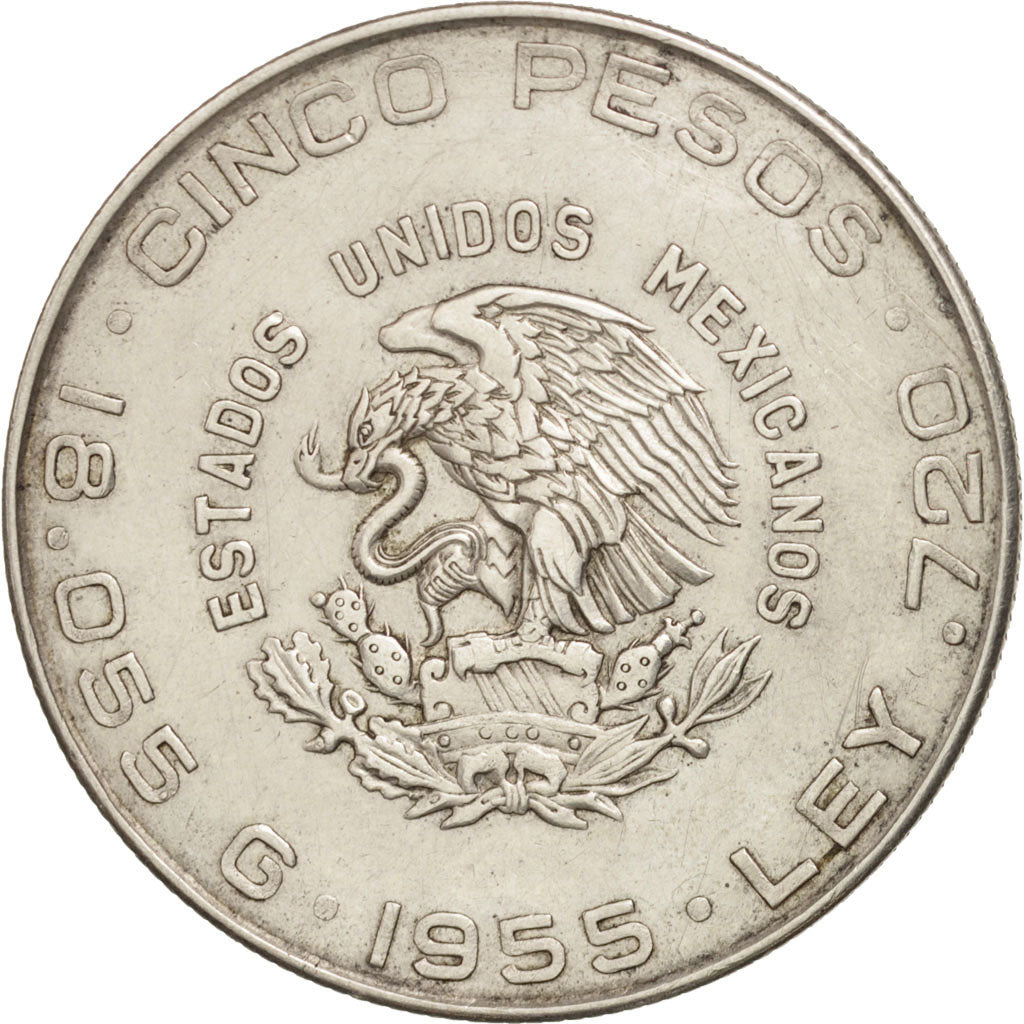 Mexico, 5 Pesos, 1955, Mexico City, AU(50-53), Silver, KM:469