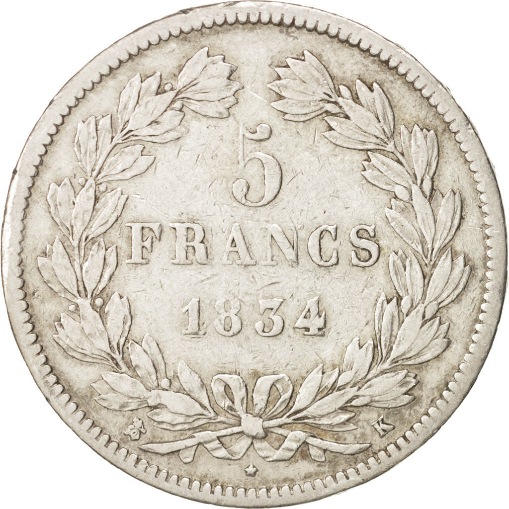 France, Louis-Philippe, 5 Francs, 1834, Bordeaux,TB+,Argent,KM:749.7,Gad 678