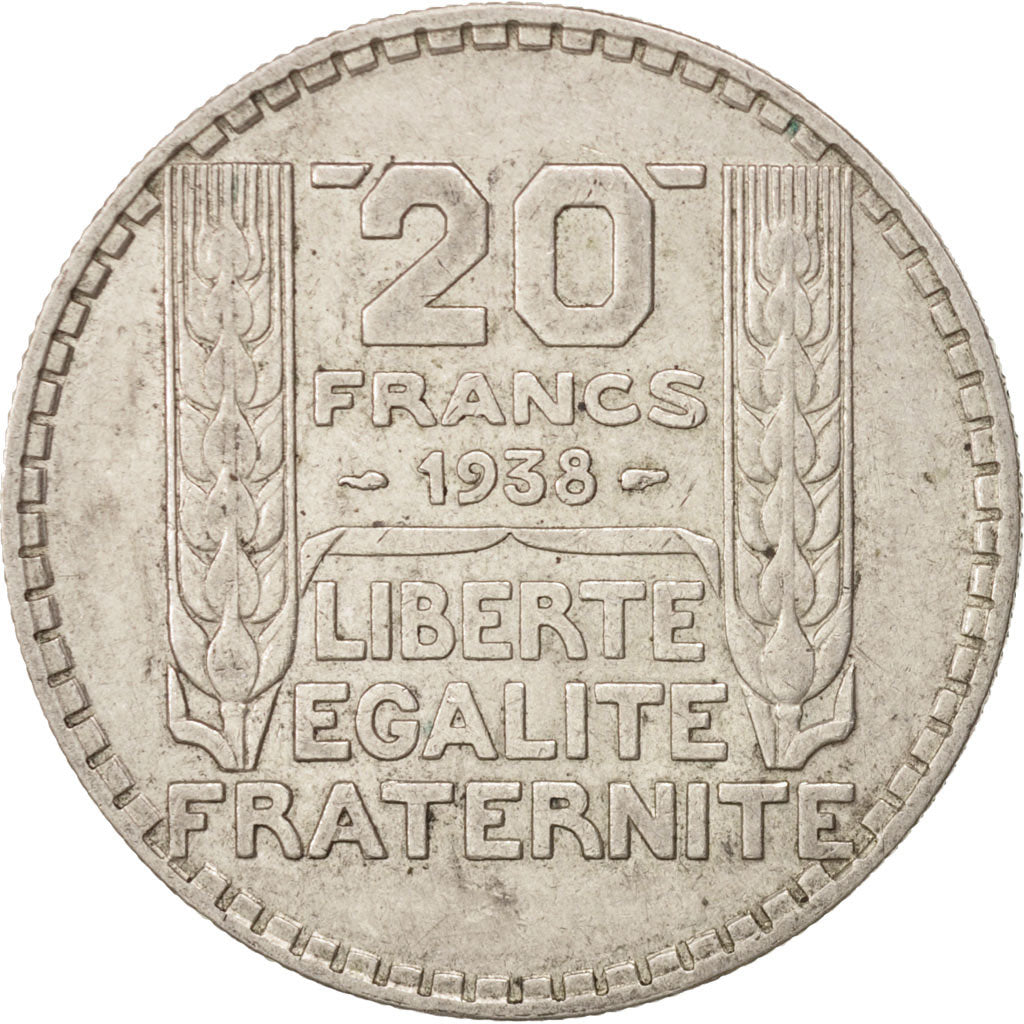 France, Turin, 20 Francs, 1938, Paris, AU(50-53), Silver, KM:879