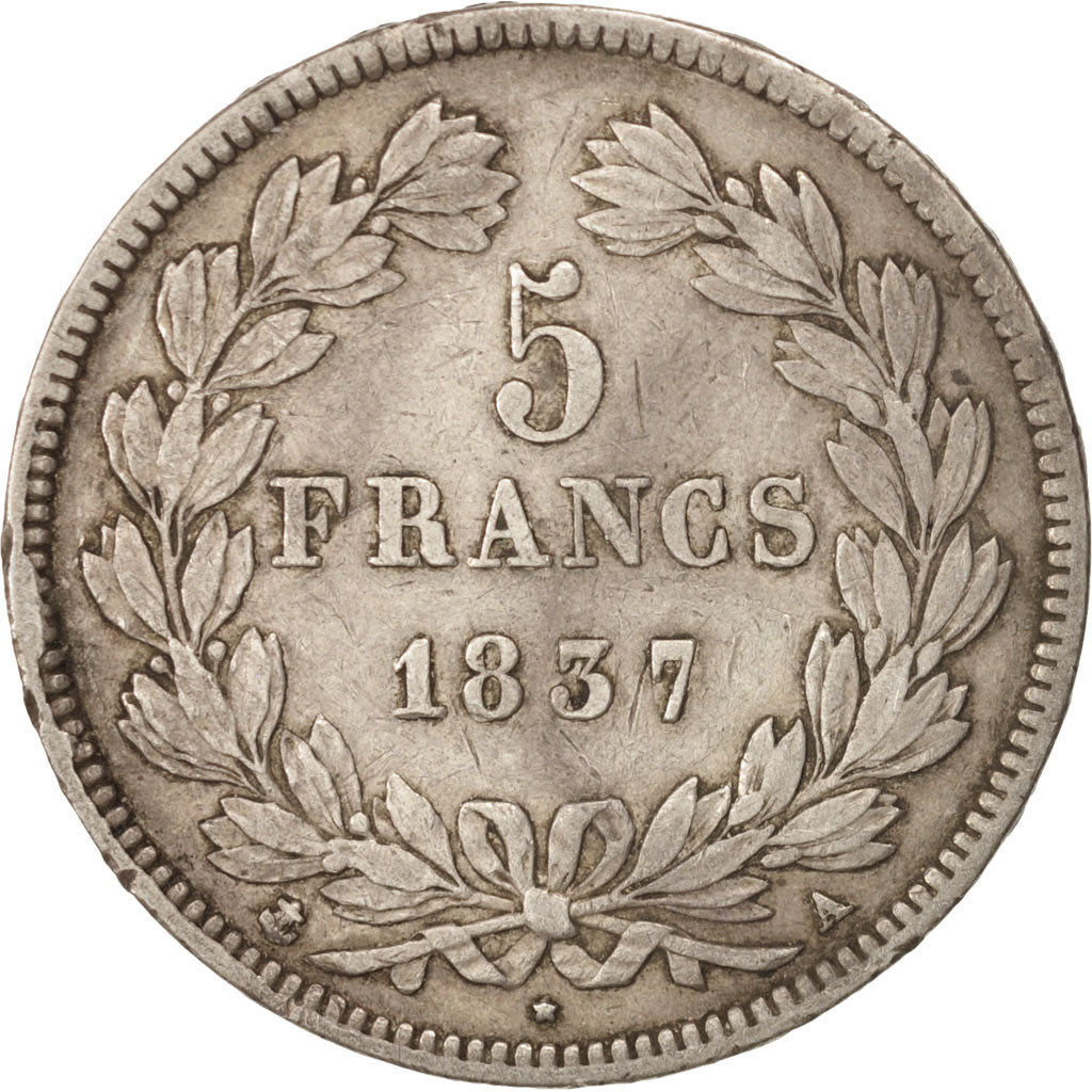 Coin, France, Louis-Philippe, 5 Francs, 1837, Paris, VF(30-35), Silver, KM:749.1