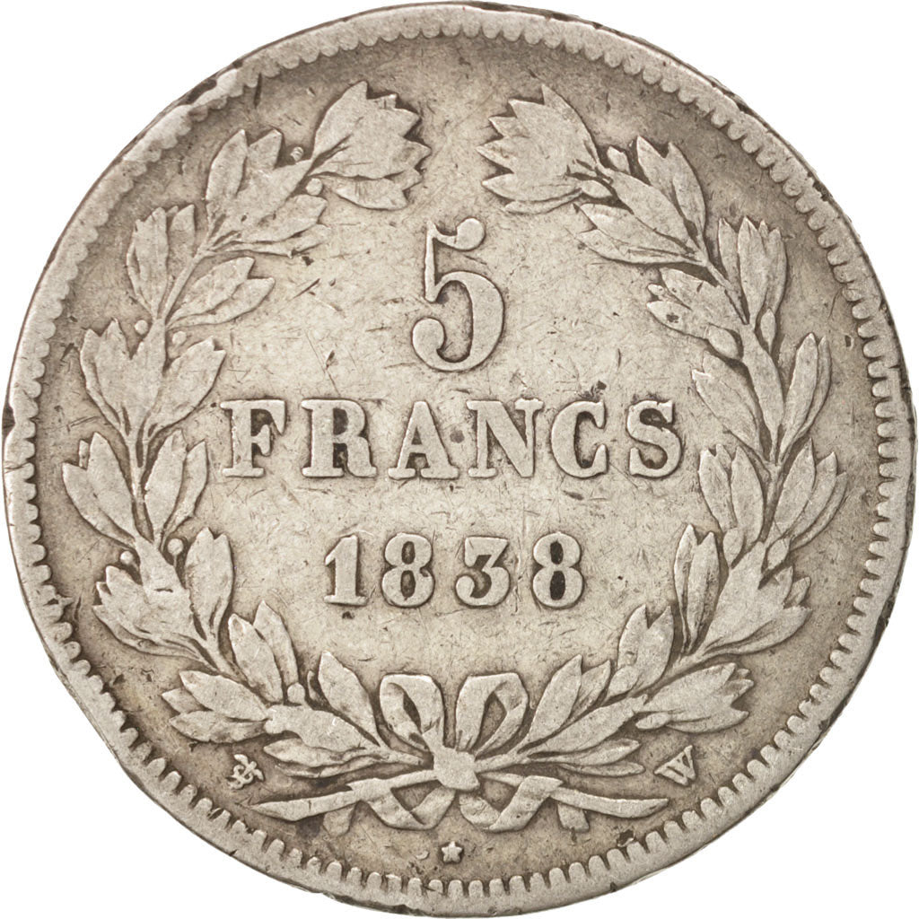 Moneda, Francia, Louis-Philippe, 5 Francs, 1838, Lille, BC+, Plata, KM:749.13