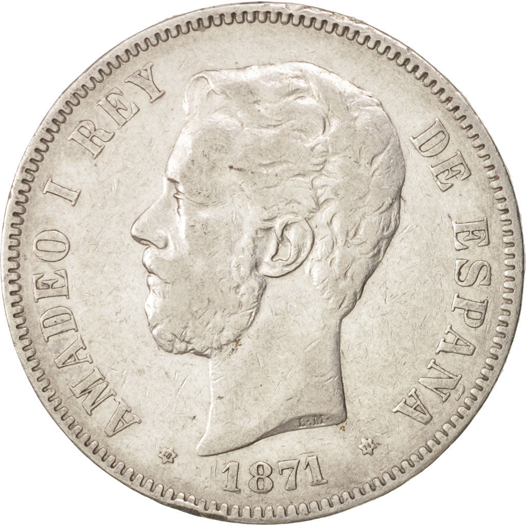 Spain, Amadeao I, 5 Pesetas, 1871, Madrid, VF(30-35), Silver, KM:666